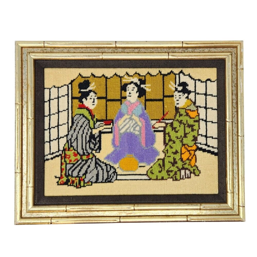 Vintage 1960s Asian Chinoiserie Cross Stitch Needlepoint Art Gold‎ Bamboo Frame